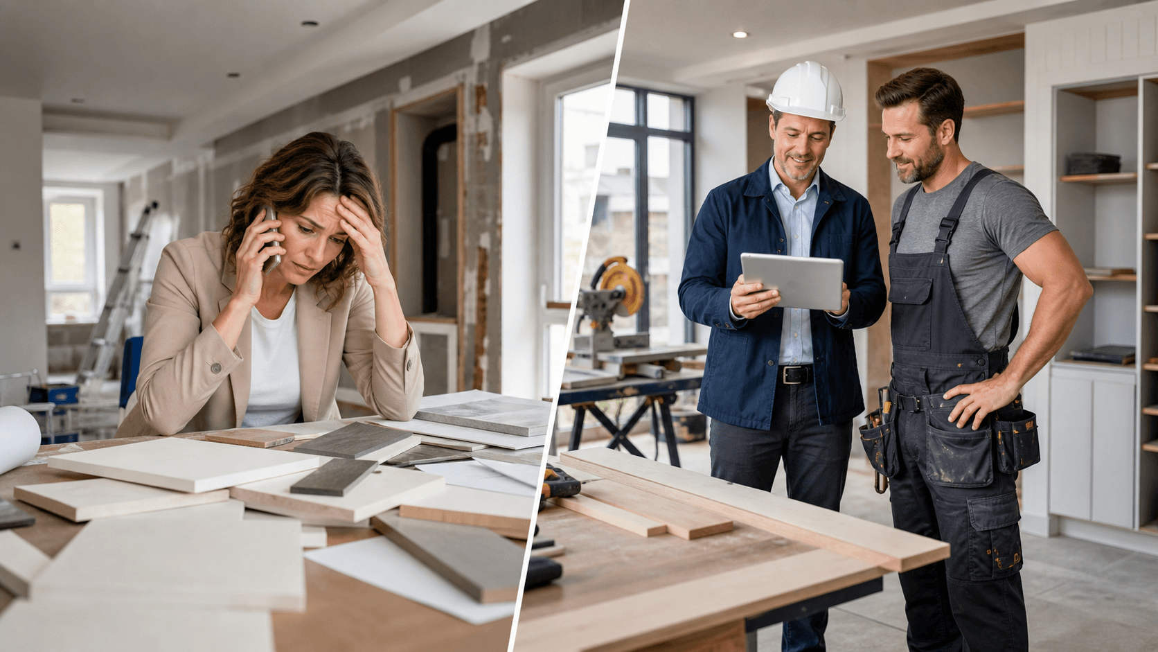 Split-screen illustration of a manager at a construction site and a remote team reviewing project plans.