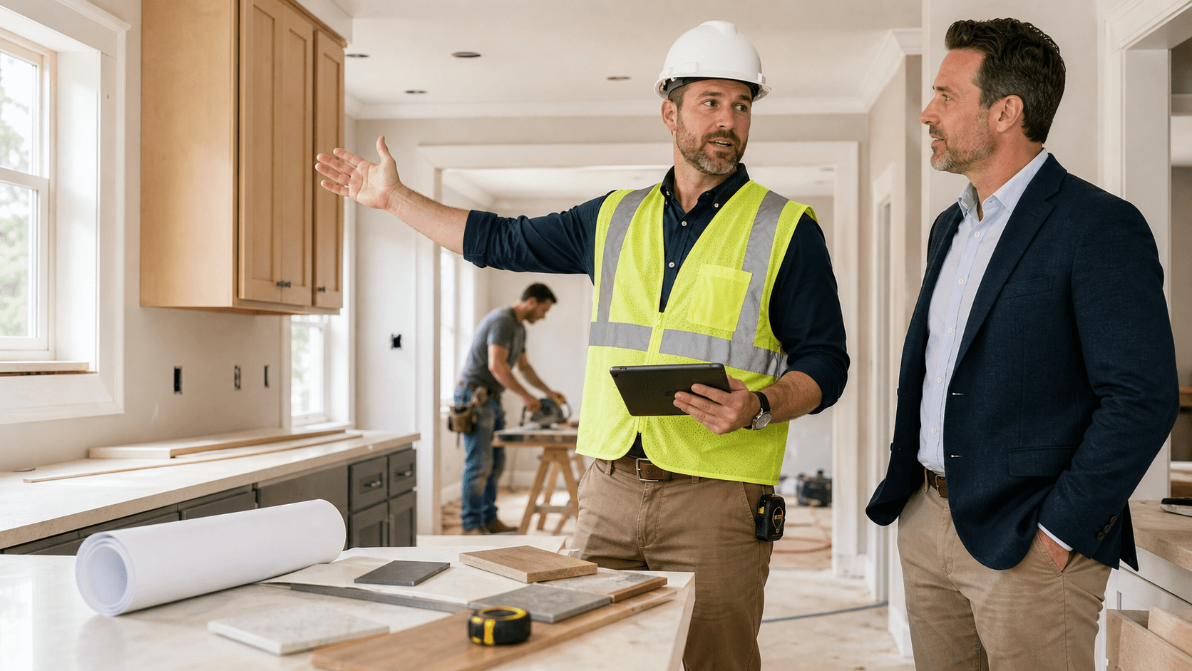 Construction superintendent in a hard hat reviews plans inside a partially renovated home.