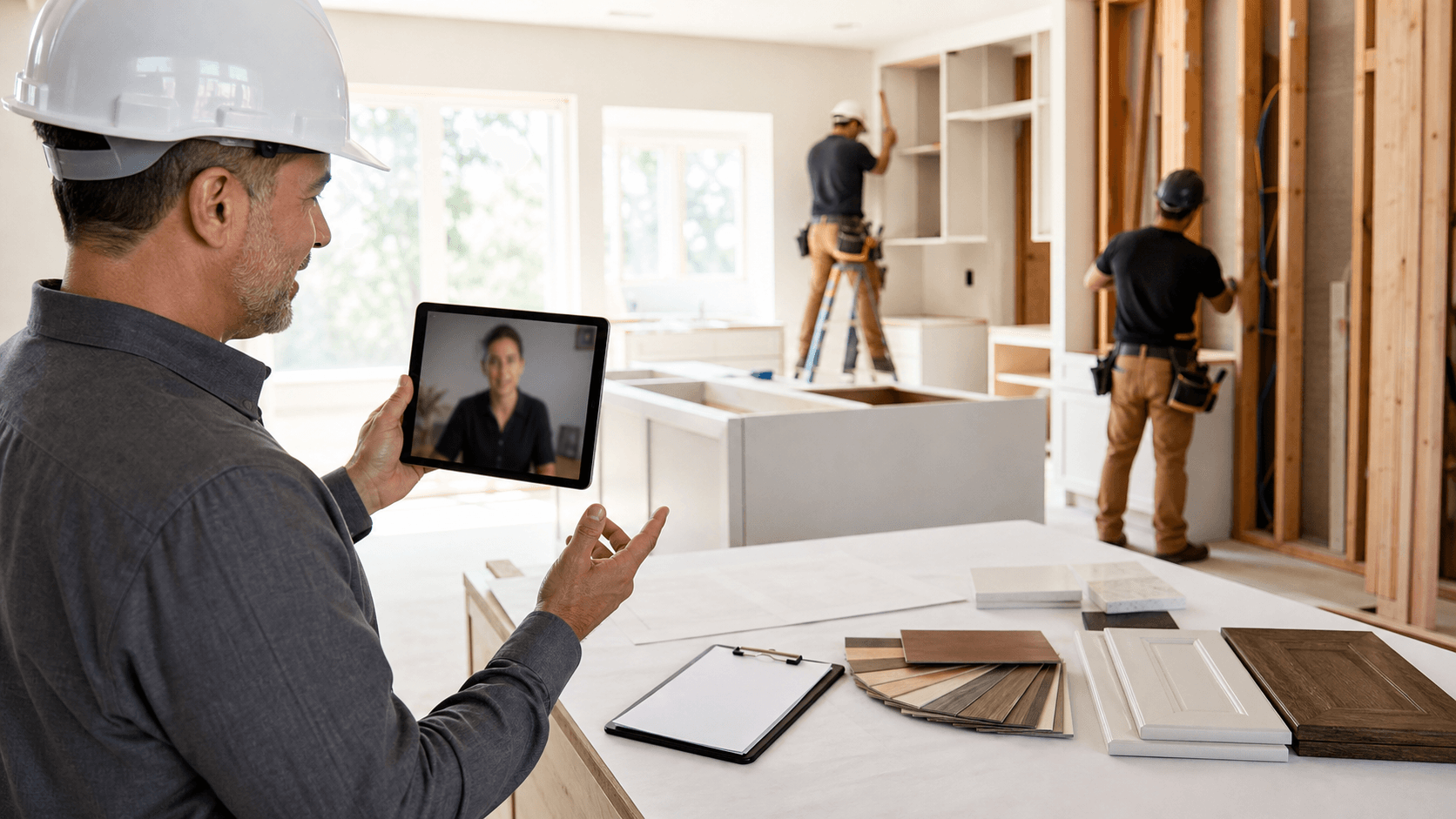 Architect reviewing construction plans on a tablet beside a sunlit building site with cranes and workers.
